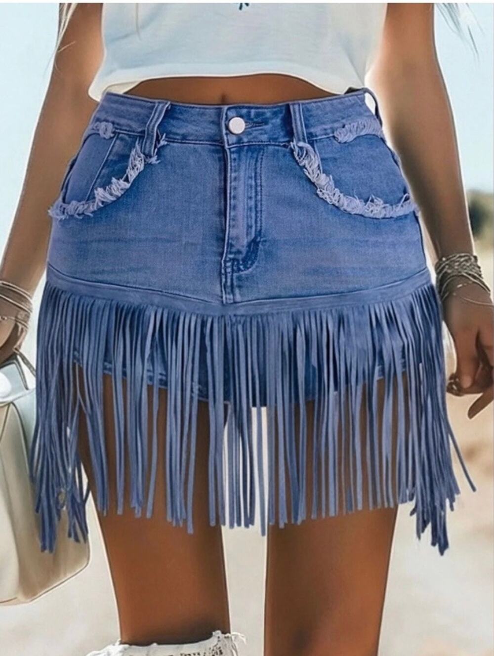 OYROSY Vintage Washed Tassel Denim Culottes SZ MED - Picture 1 of 5